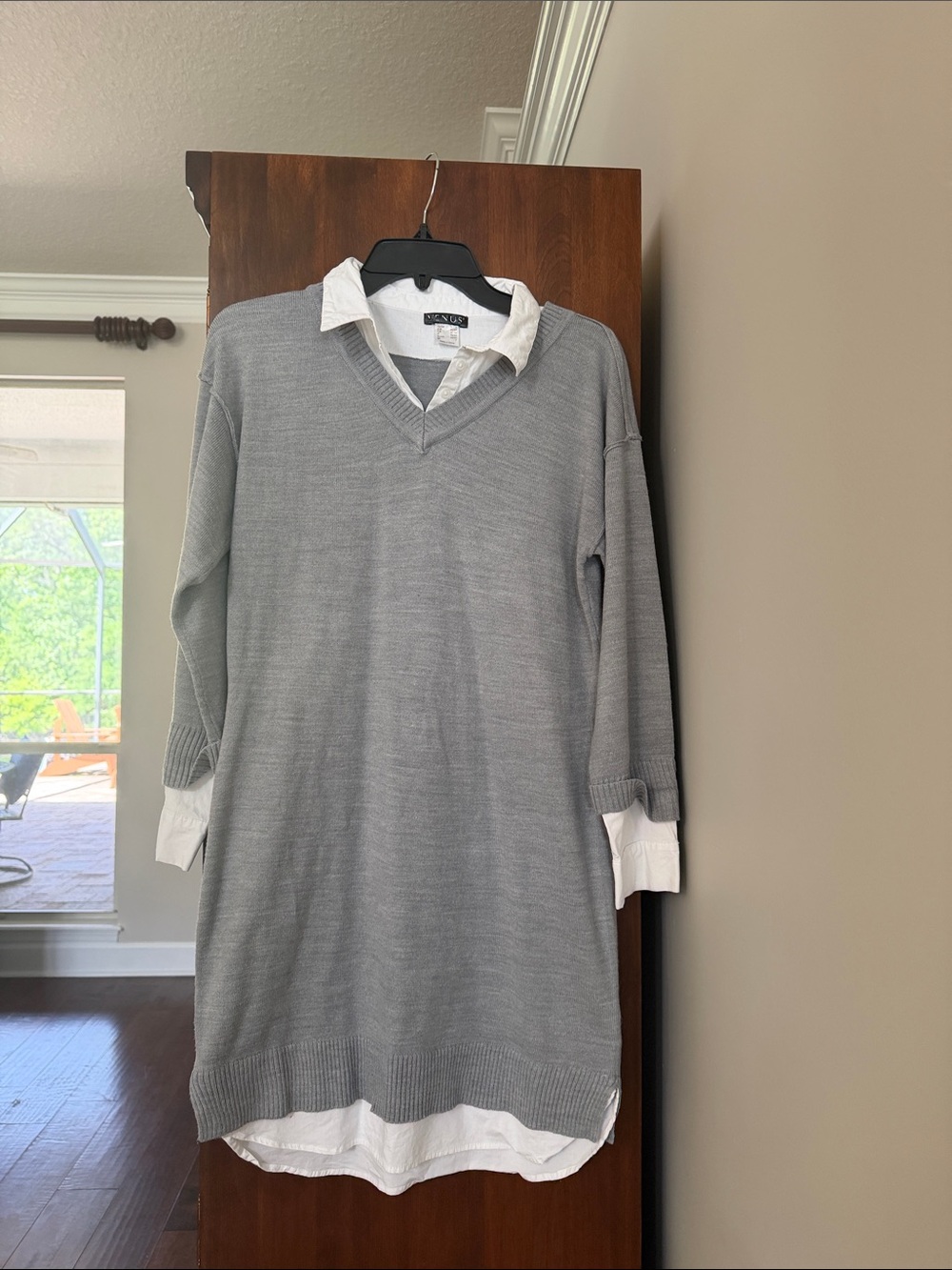 VENUS Gray Long Sleeve Sweater Dress with Shirt Detail
